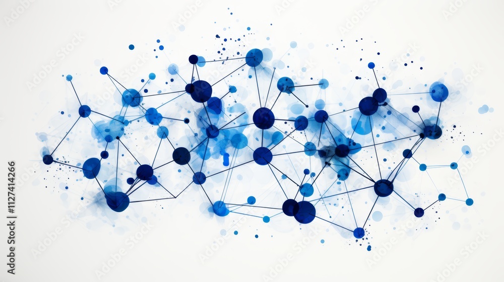 Poster abstract network diagram featuring connecting lines and nodes in shades of blue on white background