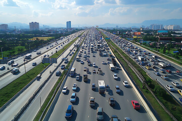 A busy highway filled with vehicles under a blue sky with scattered clouds.