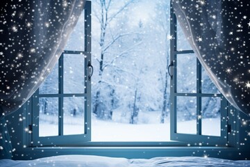 Snow Screen: An image of a flat screen monitor with a winter landscape of snowy trees and a starry sky instead of the usual background. Use cool shades of blue and white.
