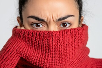 A woman in a red sweater, her brows furrowed in shock, reflects a moment of fear and vulnerability, captured in vivid expression.