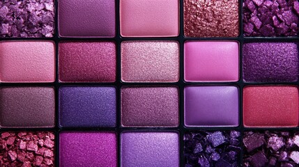 Vibrant Arrangement of Purple and Pink Eye Shadow Shades on a Sleek Design Background