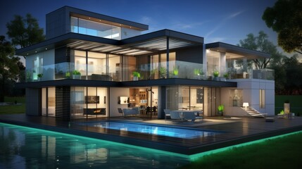 Fototapeta premium Minimalist home featuring new year s technology with smart devices and garlands in calm colors.