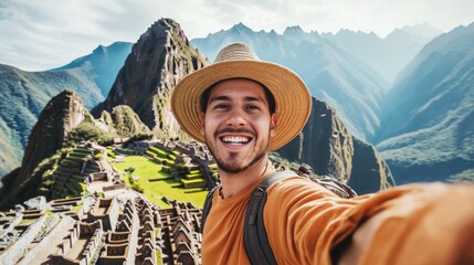 Naklejka premium Under a bright sky, a cheerful traveler enjoys a moment of adventure at Machu Picchu. Surrounded by stunning ancient ruins and towering peaks, he smiles widely, embracing the beauty of the moment