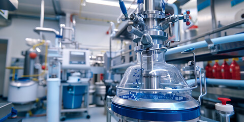 Industrial laboratory equipment with glass reactor vessel, Chemical processing equipment in a modern laboratory