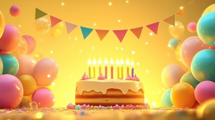 A happy birthday cake with glowing candles, colorful balloons, and pennant garlands, set on a golden yellow background.