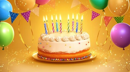 A happy birthday cake with glowing candles, colorful balloons, and pennant garlands, set on a golden yellow background.