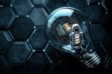 A miniature robot and digital circuits inside a light bulb, symbolizing AI innovation, with a dark tech hexagonal background.