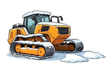 Snow-Covered Tractor: A cheerful cartoon illustration of a yellow tractor with tracks, covered in snow, ready to tackle winter tasks.  