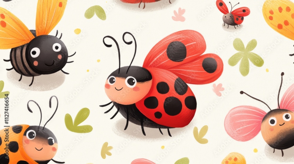 Poster seamless pattern with insects. repeating image for printing on bedding. nature and fauna. cute chara
