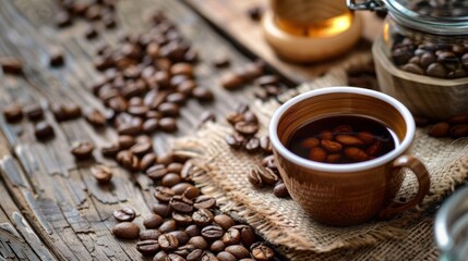 Rustic coffee setup with cup and beans on wooden table
