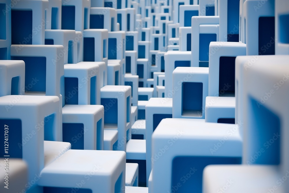 Poster mesmerizing cube illusions overlapping shapes in blue and white create stunning 3d visual effects