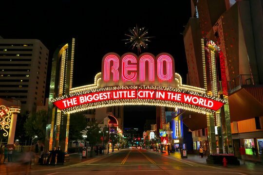 RENO, USA - AUGUST 12: "The Biggest Little City in the World" sign  over Virginia street at night on August 12, 2014 in Reno, USA.  Reno is the most populous Nevada city outside of the Las Vegas.