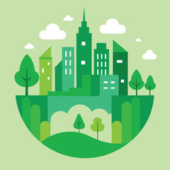 hand drawn green city with buildings and trees showcases urban planning and sustainability