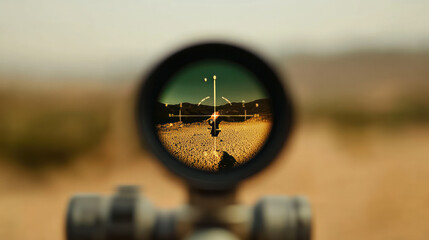 Close-up of a sniper rifle's crosshair, with a blurry background of a desert landscape