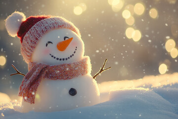 "Cheerful Snowman Close-Up in Wool Hat and Scarf on Snowy Winter Landscape with Bokeh Lights"