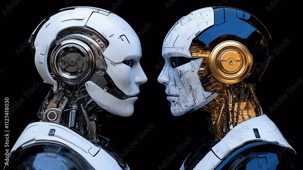 Poster two humanoid robots face each other in a futuristic design setting with intricate details