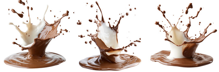 Set of chocolate and milk mixing in a beautiful splash isolated on a transparent background