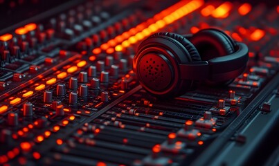 Headphones draped over a microphone with a high-contrast view of the sound mixer board’s