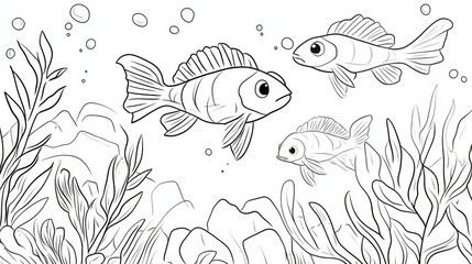 Fototapeta premium Funny Aquarium to be traced only of one line, the tracing educational game to preschool kids with easy game level, the colorful and colorless version.