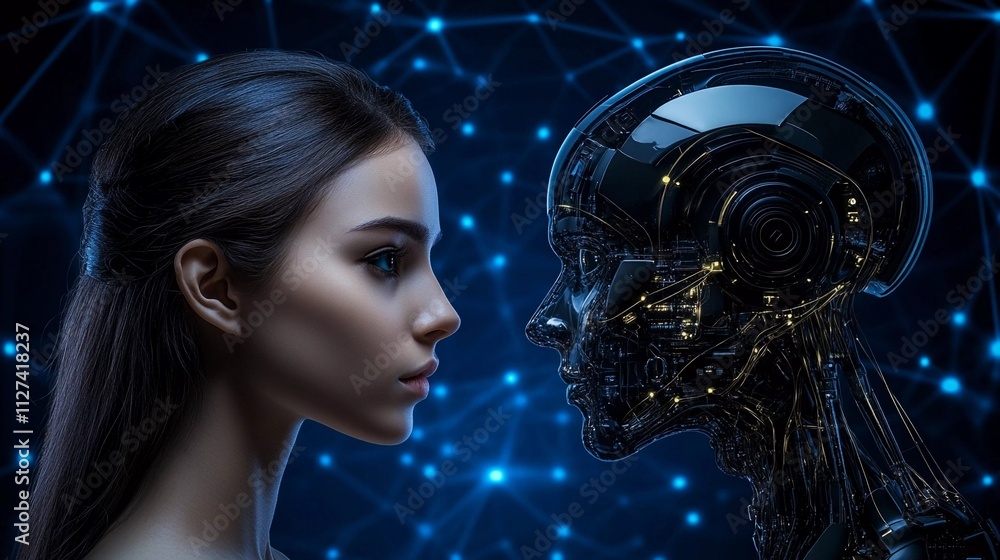 Poster interaction between human and robot in a digital landscape illuminated by network connections