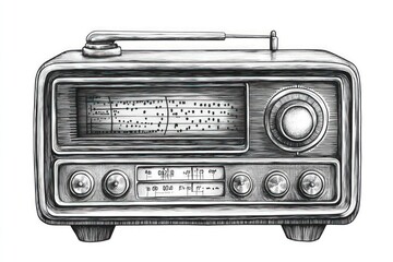 Fototapeta premium Vintage radio, detailed drawing, monochrome.