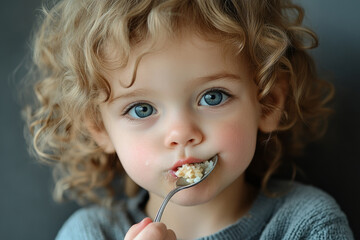 Portrait of adorable curly blonde toddler eating healthy oatmeal from spoon