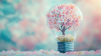 A tree blooming with flowers inside a light bulb, symbolizing organic ideas, with a spring-inspired pastel background.