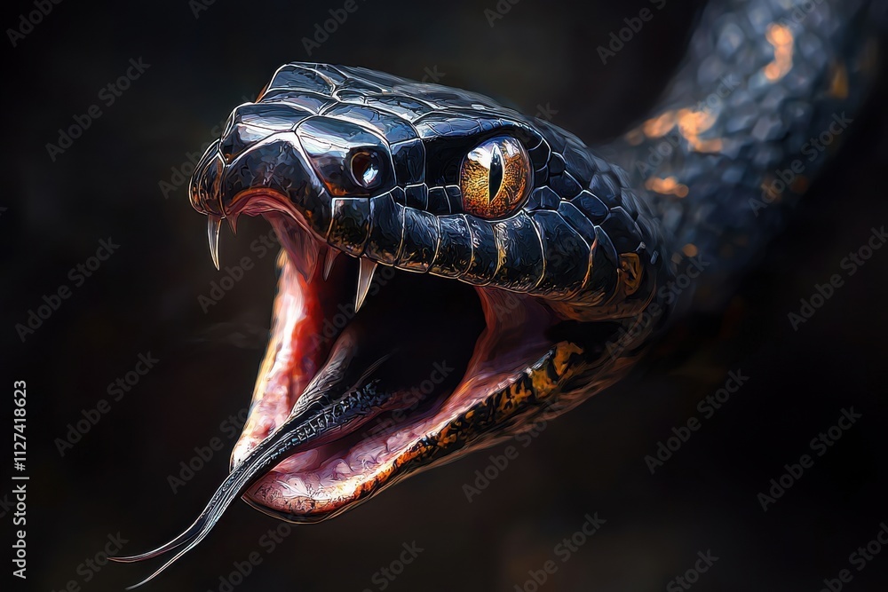 Poster hyper-realistic black snake with open mouth and sharp fangs