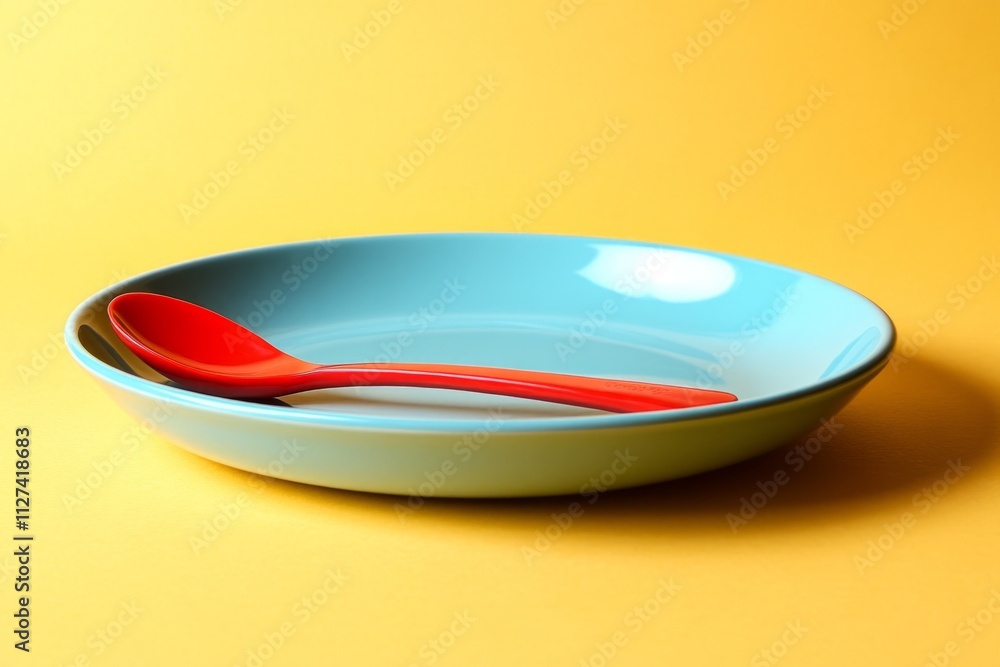 Poster red plastic spoon lying on a light blue empty plate on a yellow background, representing a simple ta