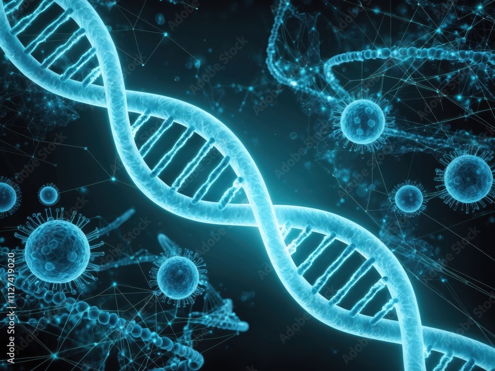 Poster concept of a glowing dna double helix, floating in a dark space with intricate, interconnected molec