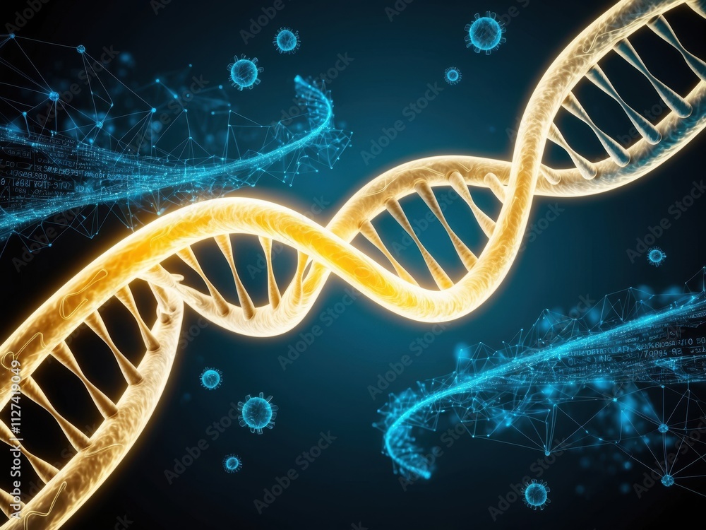 Poster concept of a glowing dna double helix, floating in a dark space with intricate, interconnected molec