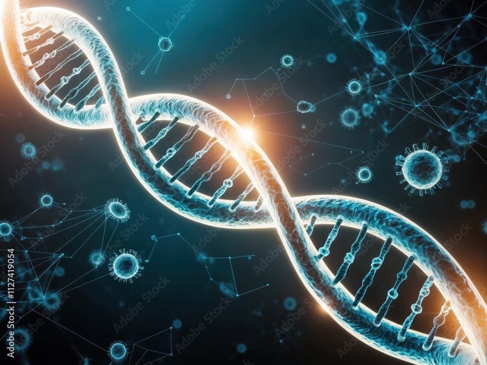 Poster concept of a glowing dna double helix, floating in a dark space with intricate, interconnected molec