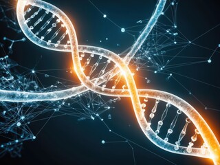 Concept of a glowing DNA double helix, floating in a dark space with intricate, interconnected molecular structures and data lines, symbolizing advanced genetic research and biotechnological innovatio