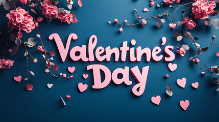 Romantic Valentine s Day  Pink Flowers  Hearts  and Festive Lettering on Blue Background