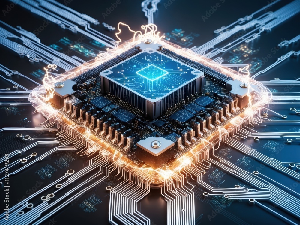 Aufkleber quantum computer with glowing circuitry and holographic data streams, symbolizing tech progress