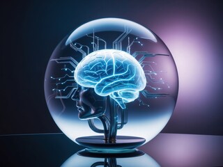 Futuristic digital brain suspended in a glass sphere with glowing neural interfaces and fibers
