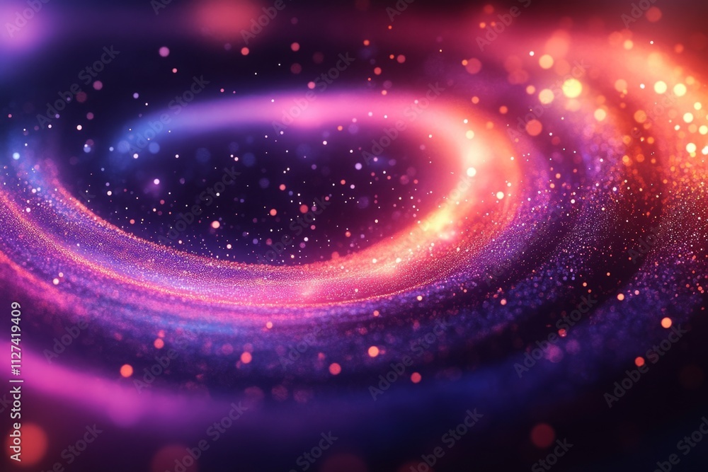 Poster bright swirling particles creating a spiral galaxy in deep space with glowing bokeh lights