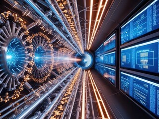 Futuristic particle accelerator with high-energy particles zooming through glowing beams