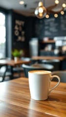 Blurry cafe coffee cup with creamy latte art on wooden table in cozy coffee shop setting with beautiful bokeh background, coffee, blur