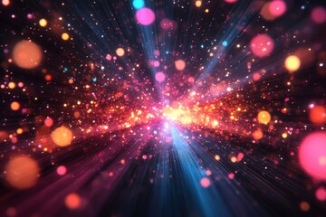 Obraz premium Vibrant particles streak across space, creating a dynamic and colorful background with a bokeh effect
