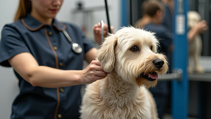 A professional dog groomer brushing the fur of a golden retriever dog, with focus on the hands and the dog’s joyful expression.