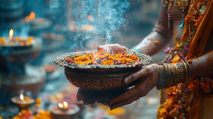 A spiritually relaxing view of a Ancestor worship ceremony incense and offerings