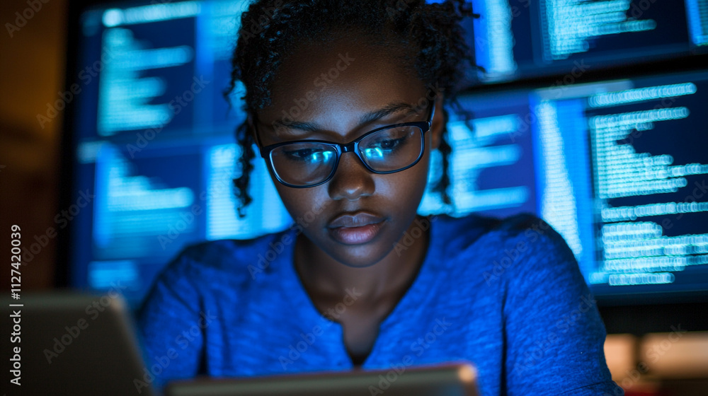 Wall mural focused programmer woman coding late night on tablet