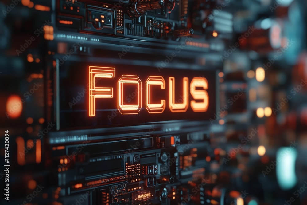 Poster orange neon sign displaying the word focus illuminating a complex circuit board in a futuristic sett