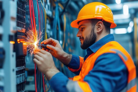 Technician splicing fiber optic cables with a fusion splicer, sparks and precision action