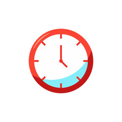 Red clock icon in flat design style, red analogue wall clock vector illustration, simple clock clip art image