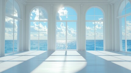 Serene Coastal Room: Sunlight Through Arch Windows