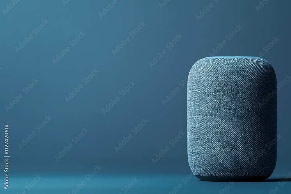 Poster wireless smart speaker on blue background with copy space representing modern technology and artific