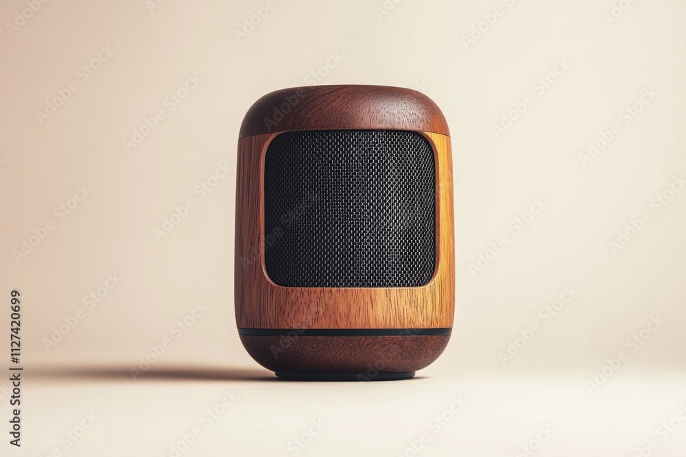 Poster small walnut wireless speaker standing on a table on a cream background