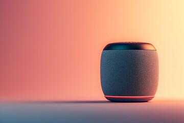 Wireless smart speaker glowing red on a gradient background, showcasing modern technology and voice-activated assistants